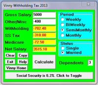 Vinny Federal Tax Payroll Withholding Calculator 2013 13.0 screenshot. Click to enlarge!
